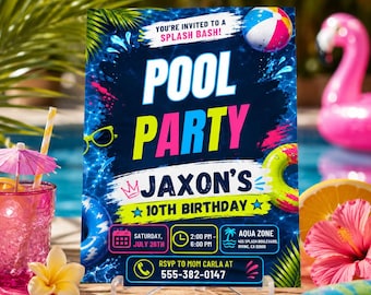Editable Pool Party Birthday Invitation Neon Glow Swim Invite for Boys Blue Green Pool Birthday Canva Template Digital Download Evite Boy