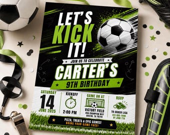 Editable Soccer Birthday Invitation Template, Football Invite, Kids Soccer Invite, Instant Download, Canva. Let's Kick it Soccer Invite