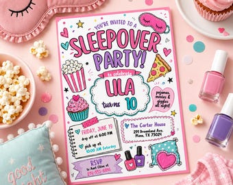 Editable Sleepover Party Invitation - Slumber Birthday Invite, Girls Sleepover Birthday Invitations, Pink Slumber Party, Canva template