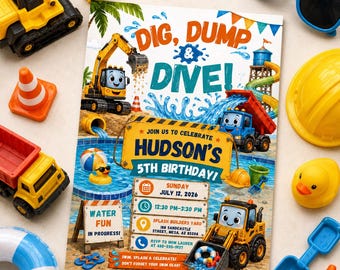 Construction Dig Dump Dive Party, Construction Birthday Invitation, Yellow Excavator Builder Invite, Site Manager Crew Call, Canva template