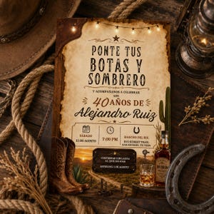 May include: A rectangular invitation card with a weathered parchment background featuring the text "Ponte tus botas y sombrero" and "40 años de Alejandro Ruiz". The design includes a western landscape, cowboy boots, a cactus, and a bourbon bottle.