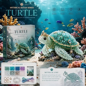 Op de afbeelding: Een doe-het-zelf kralenset voor een schildpadfiguur uit de Mythical Ocean-serie. De doos toont de schildpad, terwijl de set diverse gekleurde kralen, goudkleurige bedels en draad bevat. De afgewerkte schildpad is versierd met een gouden kroon.