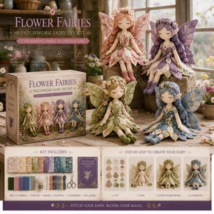 May include: A Flower Fairies patchwork fairy DIY kit box featuring four fabric dolls with wings. The kit includes pre-cut fabrics, threads, a needle, stuffing, accessories, and a guide. The dolls are pink, purple, green, and blue with leaf-like skirts.