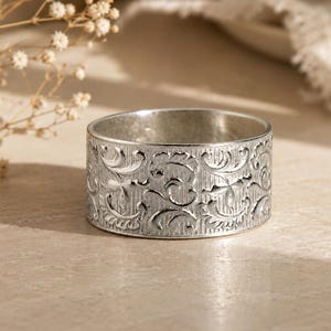 Sterling Silver Floral Engraved Band Ring, Wide  Silver Ring, Vintage Scroll Wedding Band, Unisex Statement Ring, Handmade Jewelry Gift