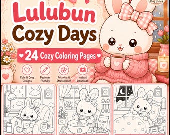 Lulubun Cozy Days Coloring Book, 24 Kawaii Bunny Pages, Cottagecore Designs (Digital Download)