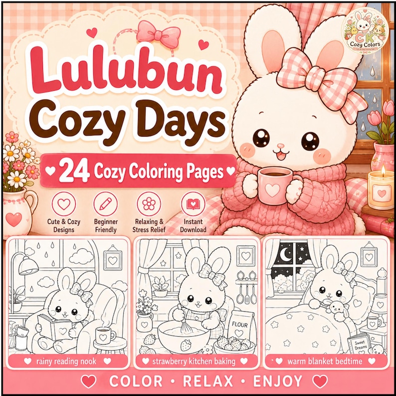 Lulubun Cozy Days Coloring Book, 24 Kawaii Bunny Pages, Cottagecore ...