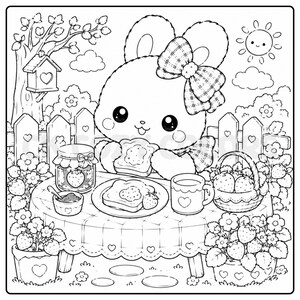 May include: Black and white illustration of a bunny enjoying breakfast. The bunny wears a plaid bow and sits at a table with toast, jam, strawberries, and a mug. A birdhouse, fence, and flowers surround the table.