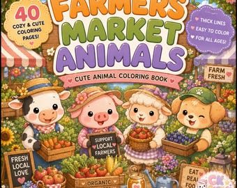 Farmers Market Animals Coloring Book | Kawaii Farm Animals, Cozy Scenes (PDF Download)