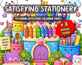 Satisfying Stationery Coloring Book, Kawaii Desk Setup Coloring Pages, Marker Organizer Printable PDF