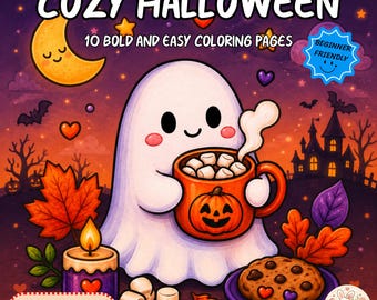 Cozy Halloween Coloring Pages, Bold and Easy Coloring Book, Cute Spooky Kawaii Printable PDF, Instant Download, Adult Coloring