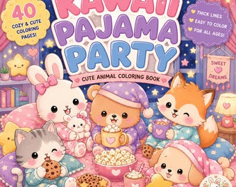 Kawaii Pajama Party Coloring Book, Animals, Cozy Nights (Digital Download)