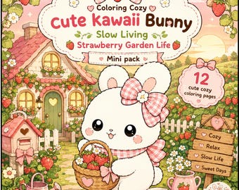 Kawaii Bunny Coloring Book, Strawberry Garden Pages, Slow Living Theme (PDF Download)