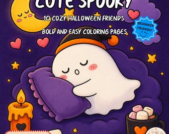 Halloween Coloring Book, Cute Spooky Coloring Pages, Kawaii Ghost Pumpkin Bat Cat, Printable PDF, Cozy Coloring Book for Adults