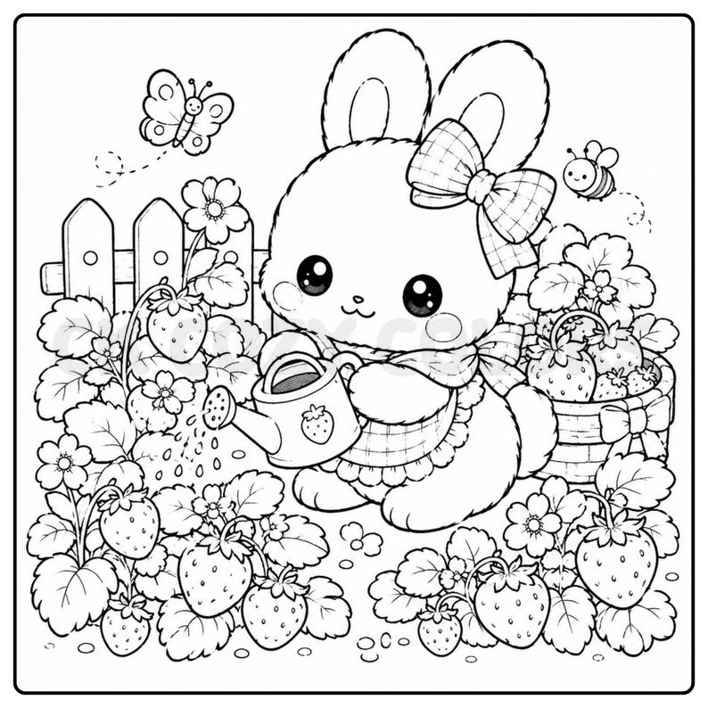 May include: Black and white illustration of a cute bunny watering strawberry plants in a garden. The bunny wears a bow and apron, with a butterfly and bee nearby. Strawberries are in a basket and growing in the garden.