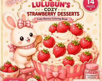 Cozy Kawaii Coloring Book, Strawberry Dessert Coloring Pages, Cute Bunny Printable Book Vol.2 (PDF Download)