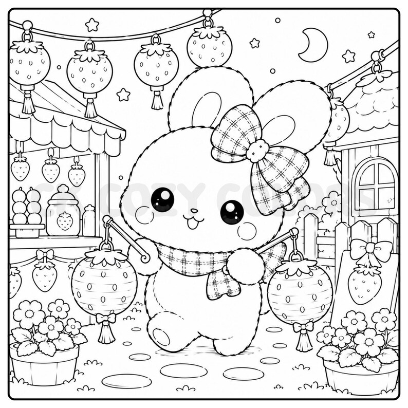 May include: Black and white illustration of a cute bunny holding two lanterns. The bunny wears a plaid bow and scarf, and walks through a night market with strawberry-shaped lanterns and a crescent moon in the sky. Flowers and a small house are also visible.
