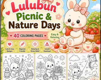 Lulubun Picnic Nature Days Coloring Book, Kawaii Bunny Cottagecore Scenes (Digital Download)