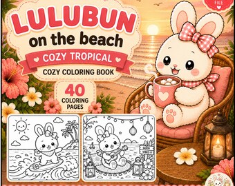 Lulubun Beach Coloring Book, Kawaii Tropical Bunny Pages (Digital Download)