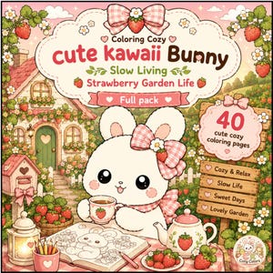 May include: A coloring book cover with a cute bunny holding a teacup, surrounded by strawberry-themed illustrations. The text reads "cute kawaii Bunny" and "Strawberry Garden Life". Includes 40 coloring pages.