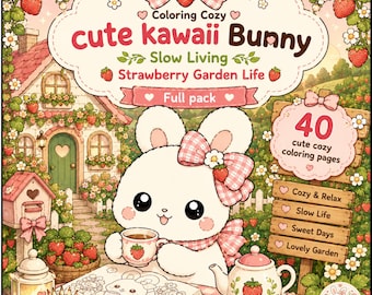 Kawaii Bunny Coloring Book, Strawberry Garden Pages, Slow Living PDF (40 Pages)