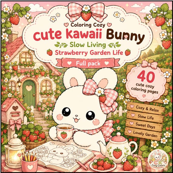Kawaii Bunny Coloring Book, Strawberry Garden Pages, Slow Living PDF (40 Pages)