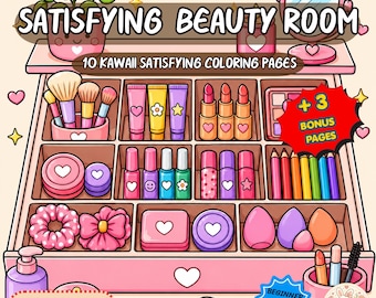Satisfying Coloring Book, Beauty Room Makeup Coloring Pages, Kawaii Printable Coloring PDF