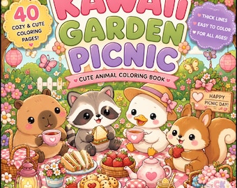Kawaii Garden Picnic Coloring Pages, Animals, Cozy Scenes (Printable PDF)