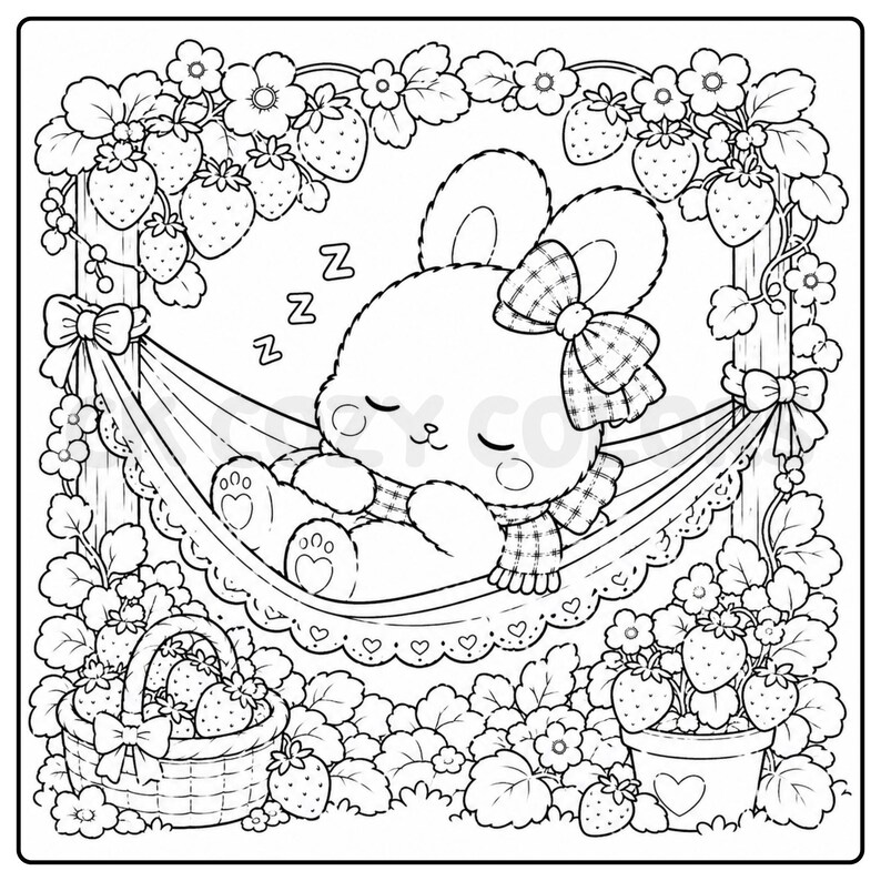May include: Black and white illustration of a sleeping bunny in a hammock, surrounded by strawberries and flowers. The bunny wears a bow and scarf. A basket and a pot of strawberries are also present.