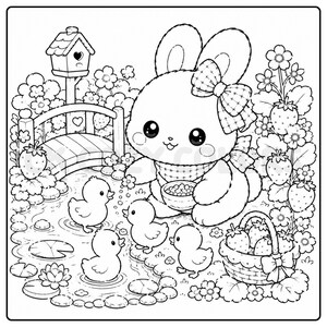 May include: Black and white illustration of a bunny with a bow, surrounded by flowers, strawberries, and ducklings in a pond. A small bridge and birdhouse are also featured in this charming, whimsical scene.