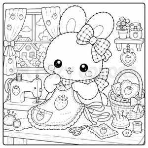 May include: A black and white illustration of a bunny sewing an apron with a strawberry design. The bunny is wearing a bow and scarf. A sewing machine, basket of sewing supplies, and a window with curtains are in the background.
