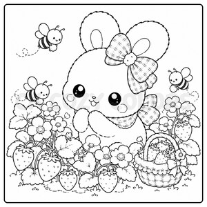 May include: Black and white illustration of a cute bunny with a plaid bow, surrounded by strawberries, flowers, and bees. A basket of strawberries is also present. The image is a coloring page.