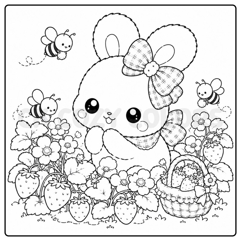 May include: Black and white illustration of a cute bunny with a plaid bow, surrounded by strawberries, flowers, and bees. A basket of strawberries is also present. The image is a coloring page.