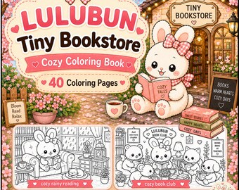 Lulubun Tiny Bookstore Coloring book, Bunny Printable PDF for Relaxing Creative Fun