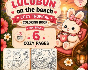 Lulubun Beach Mini Pack Coloring Book, Kawaii Tropical Bunny Pages (Digital Download)
