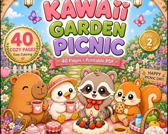 Cozy Animal Coloring Book, Kawaii Picnic Coloring Pages, Cute Printable Coloring Book PDF