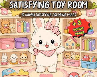 Satisfying Toy Room Coloring Book, Kawaii Bunny Coloring Pages, Cozy Printable Coloring PDF