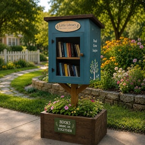 Op de afbeelding: Een blauwe houten buitenkast voor boekenruil met een glazen deur, twee boekenplanken en een dak. Het bevat de tekst Little Library, Read Grow Inspire en Books Bring Us Together. De structuur staat op een houten plantenbak met bloemen.