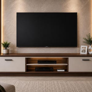 May include: A long, low-profile media console featuring a dark wood frame with two cream-colored cabinet doors on the sides and an open central shelving unit with two tiers. The unit has black horizontal handles and integrated warm lighting.