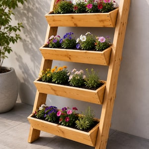 Peut inclure: Un potager en forme d'échelle en bois avec quatre bacs rectangulaires remplis de terre et de fleurs colorées. Les fleurs comprennent des fleurs rouges, roses, blanches, violettes et jaunes. Le potager est adossé à un mur gris clair.