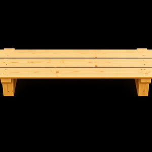 May include: A rectangular wooden bench constructed from light-colored natural wood planks. The seat consists of three horizontal boards with visible wood grain and knots, supported by two sturdy vertical leg structures at each end.