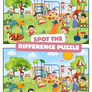 May include: A spot the difference puzzle featuring two identical playground scenes with children playing on swings, slides, and a merry-go-round under a bright sun. The text SPOT THE DIFFERENCE PUZZLE is printed in the center of the image.