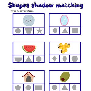 Könnte beinhalten: Ein ausdruckbares Arbeitsblatt mit dem Titel Shapes shadow matching mit Feldern für Name und Datum. Es enthält sechs Zeilen mit Objekten wie Mond, Spiegel, Wassermelone, Wabe, Hundehütte und Olive, jeweils mit drei grauen Formen zum Einkreisen.