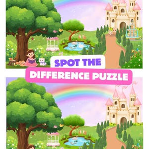 May include: A spot the difference puzzle featuring two identical illustrations of a fairy tale landscape with a large tree, a castle, a rainbow, a pond with swans, and a character reading a book, with the text SPOT THE DIFFERENCE PUZZLE.