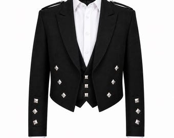 Ensemble veste et gilet de kilt Prince Charlie noir, en laine Barathea, tenue de cérémonie des Highlands