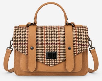 Sacoche en cuir Harris Tweed de DunHope, motif pied-de-poule beige ou chevrons vert foncé