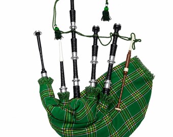 Cornemuse écossaise des Highlands, cornemuse en palissandre noir avec garnitures et accessoires en argent, cornemuse irlandaise artisanale en tartan.