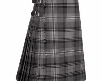 Kilt écossais traditionnel plissé Hamilton gris pour homme, 8 yards en polyviscose (taille personnalisée)