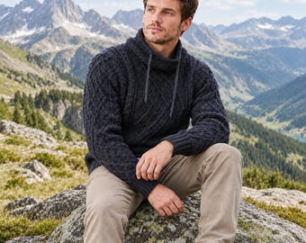 Pull à col châle en laine mérinos pour homme, modèle Aran en maille torsadée, coloris anthracite ou crème