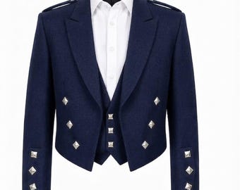 Ensemble veste et gilet Prince Charlie en laine Barathea bleu marine, fait main, détails argentés