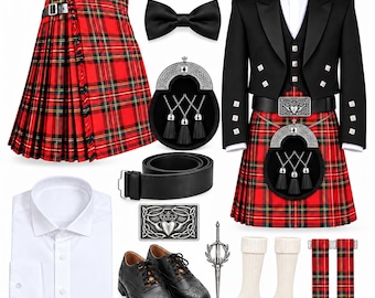 Ensemble kilt Royal Stewart Prince Charlie pour homme : tartan en laine cousu main, tenue complète
